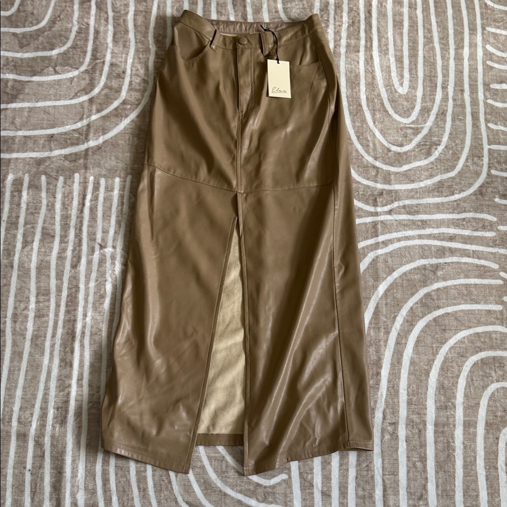 Elan Tan Faux Leather Pencil Skirt